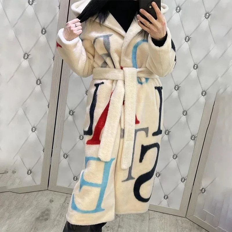 European and American letter fashion womens large-sized printed long wool coat for women 241007