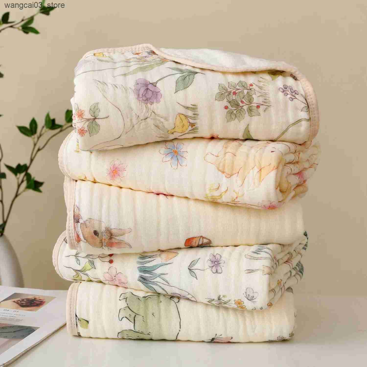 Blankets Swaddling Double Crepe Baby Blankets Newborn Muslin Cotton Gauze Quilt Print Swaddle Blanket Kids Bedding Stroller Cover L240910