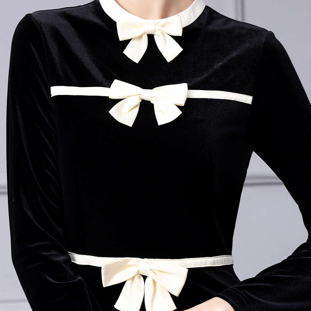 Black French Velvet Dress Autumn 2024 New Bow Contrast Bottom Skirt Medium Long