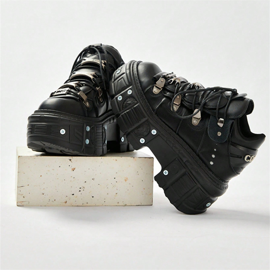 Punk Style Women Black Shoes Rock Metal Decor Lace-up Heel Height Platform Shoes Gothic Man Sneakers Women Ankle Boots 2024 New