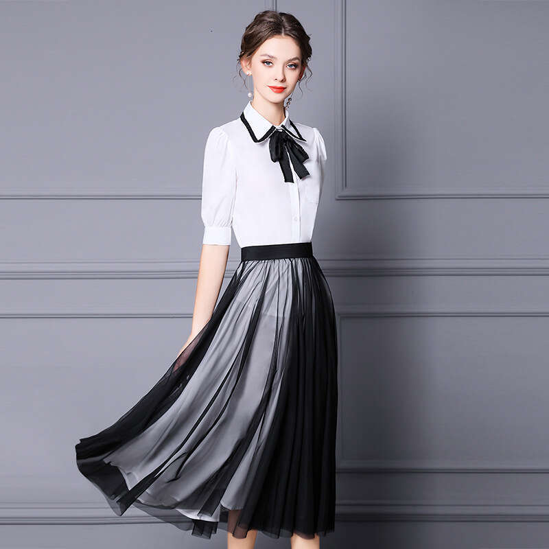 Academy Style 2024 New Summer Dress Tie White Shirt Mesh Contrast Medium length Skirt Two piece Set