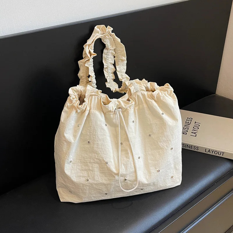 Womens summer canvas bag Korean pleated handbag white shoulder bag Strandtache Handtasche Damen Torebka Na Rami gift 241008