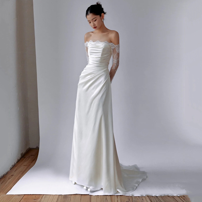 2025 New Arrival A-line Wedding Dress Off the Shoulder Long Sleeves Pleats Lace Satin Elegant Bridal Bride Gowns Boho Vestidos De Novia Customzie Mari