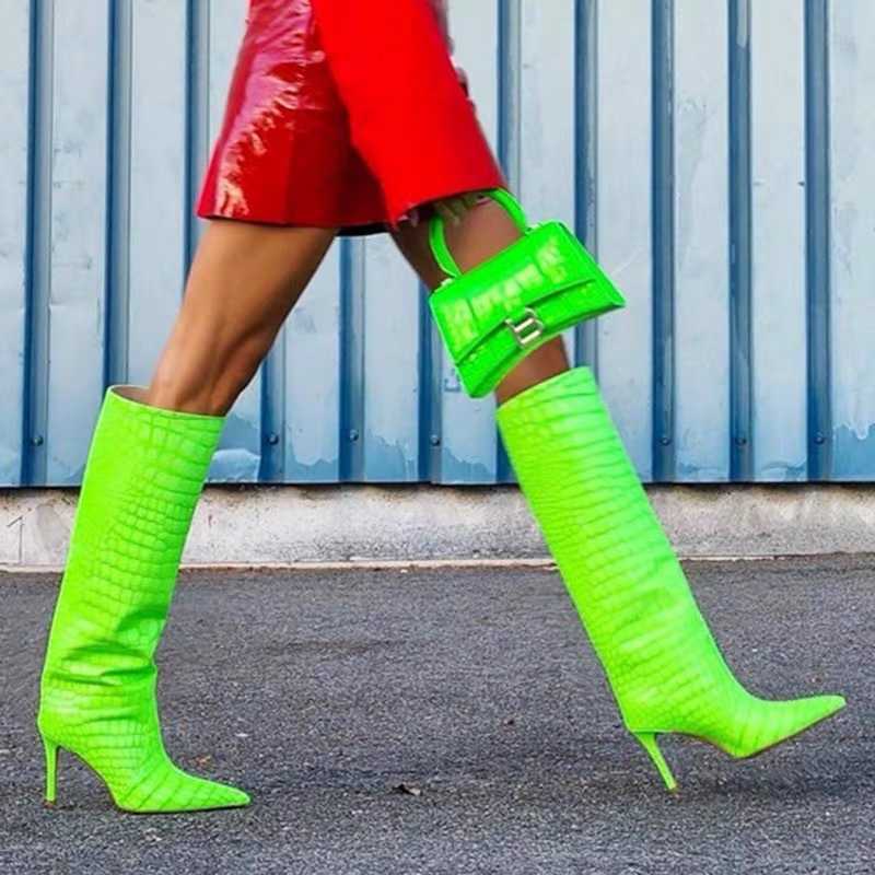 Green Crocodile Pattern Fashion Boots Sleeve Long Women Boots Leather Thin High Heel Martin Boots Pointed Large Straight Boots Knight Womens Boot 2408