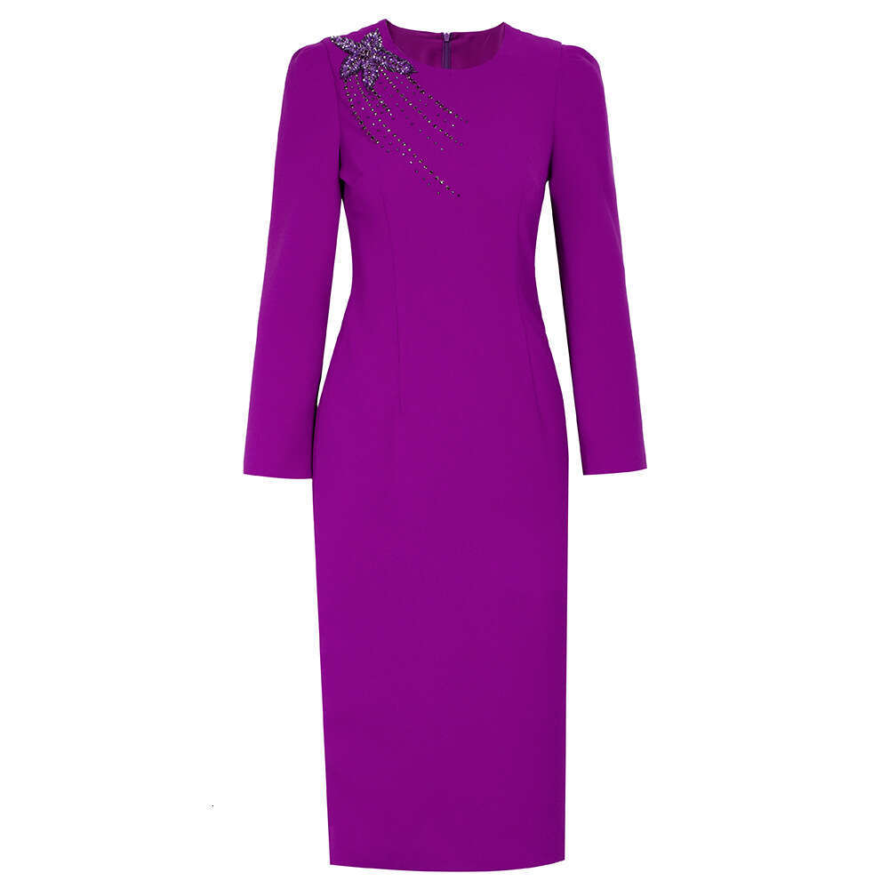 purple high-end luxury temperament bag hip skirt 2024 autumn new heavy industry nail bead high waist slimming dress