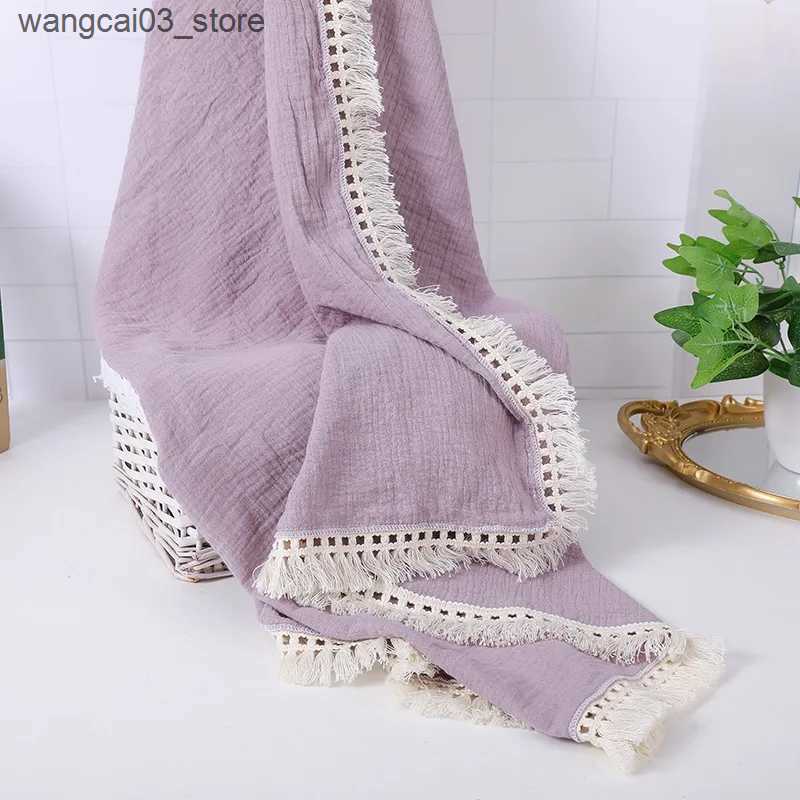Blankets Swaddling Cotton Muslin Swaddle Blankets for Newborn Baby Tassel Receiving Blanket Solid Swaddle Wrap Infant Soft Sleeping Quilt Bed Cover L2