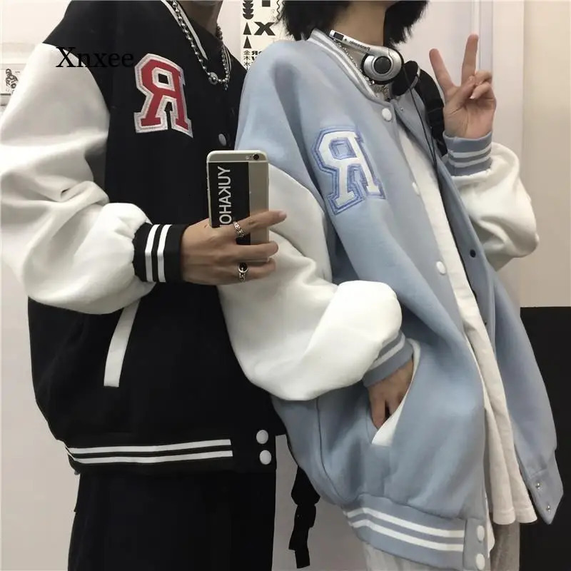 Letter Print Caot Baseball Jacket Women Korean Casual Loose Pocket Oversized Bomber Sweatshirt Uniform Streetwear Couple Tops 241011