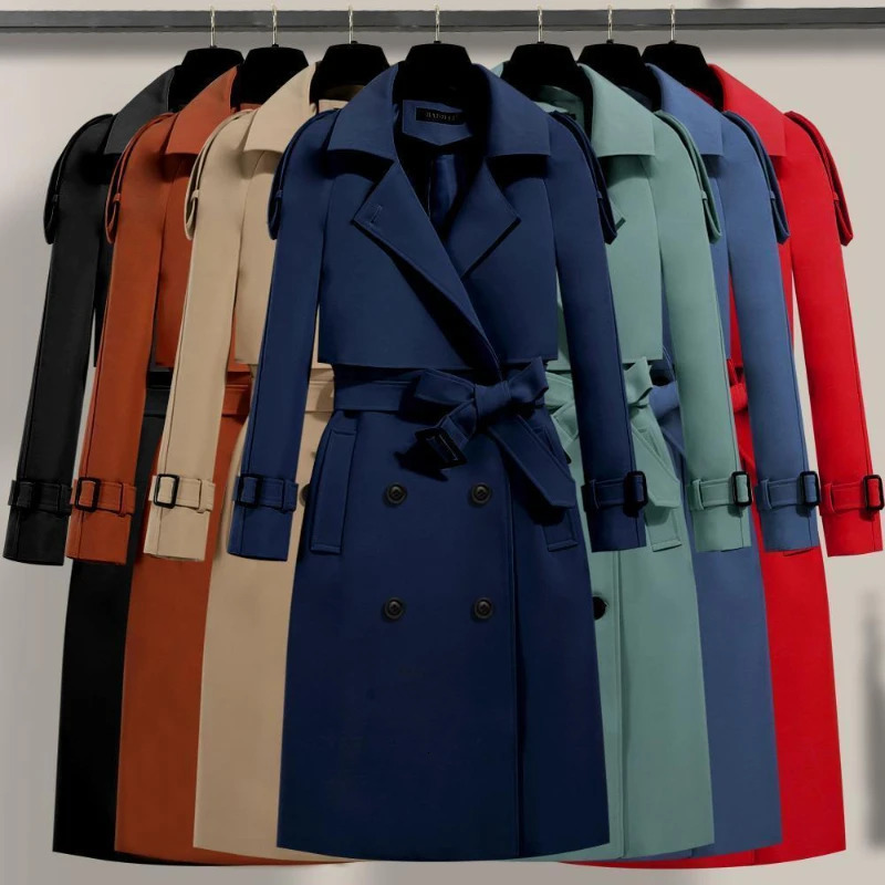 Womens Long Coats with Belt Autumn Korean Windbreaker Ladies Double-breasted Solid Khaki Adjustable Waist Trench Coat for Women 241008