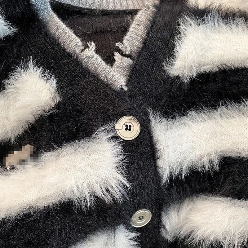 Sweater Cardigans Mink Wool Striped Woman Top Autumn Winter Knitted Korean Oversize Long Sleeve Elegance Sweet OL Casual 241007