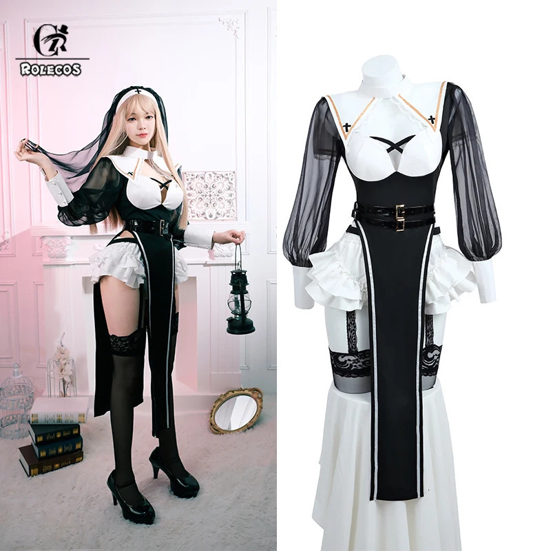 ROLECOS NUN Role Playing Costume Womens Uniform Set Party Halloween Adult Dress Black Display 241008
