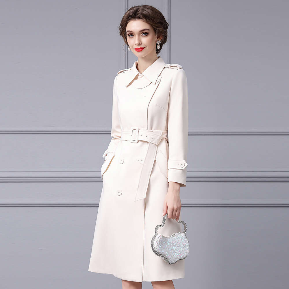 autumn womens clothing 2024 new item high-end feeling beige lapel double row buckle waist slimming windbreaker jacket