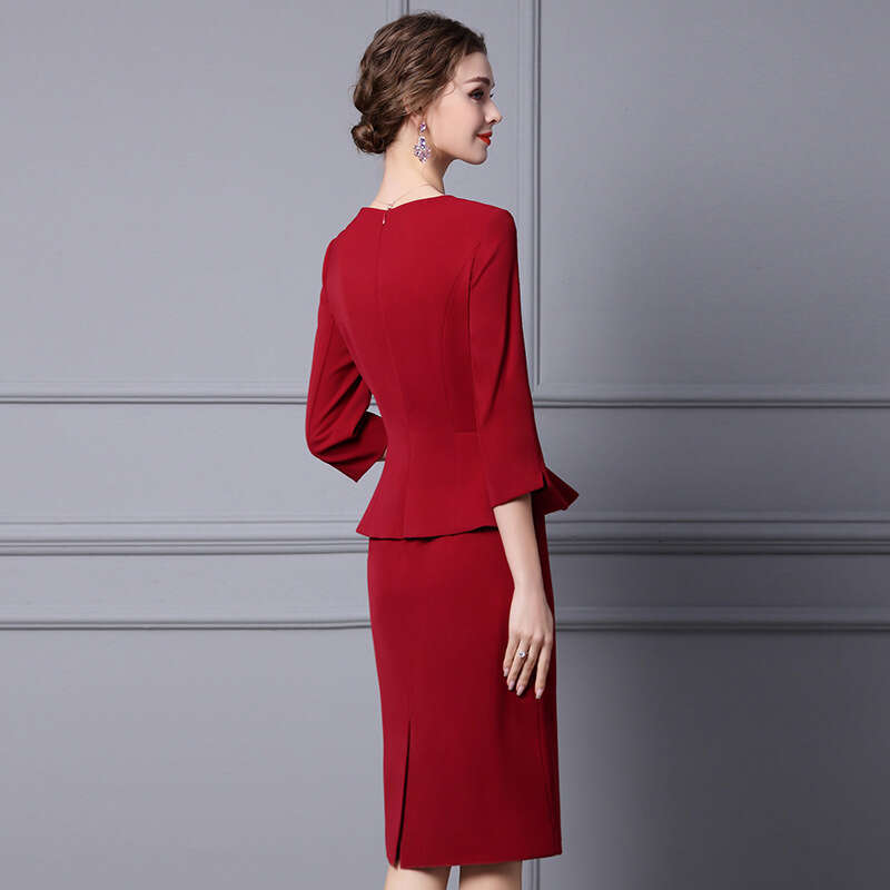 solid color dress 2024 autumn new item high-end fake two piece seven quarter sleeve western-style waist bag and hip skirt