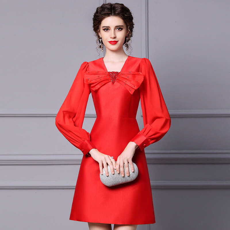 Short Autumn 2024 New Red Formal Occasion Bow Long Sleeve Dress