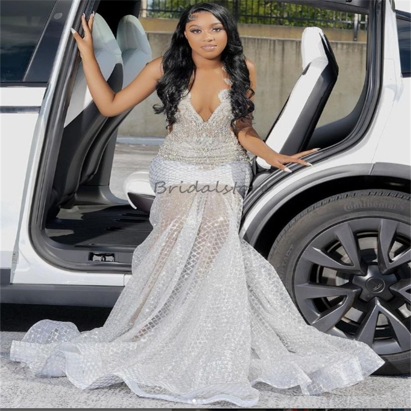 Excellent Silver Crystal Prom Dresses Sparkly Sequin Mermaid African Evening Gowns 2025 Glitter Dance Birthday Occasion Formal Party Gowns Robe De Soi