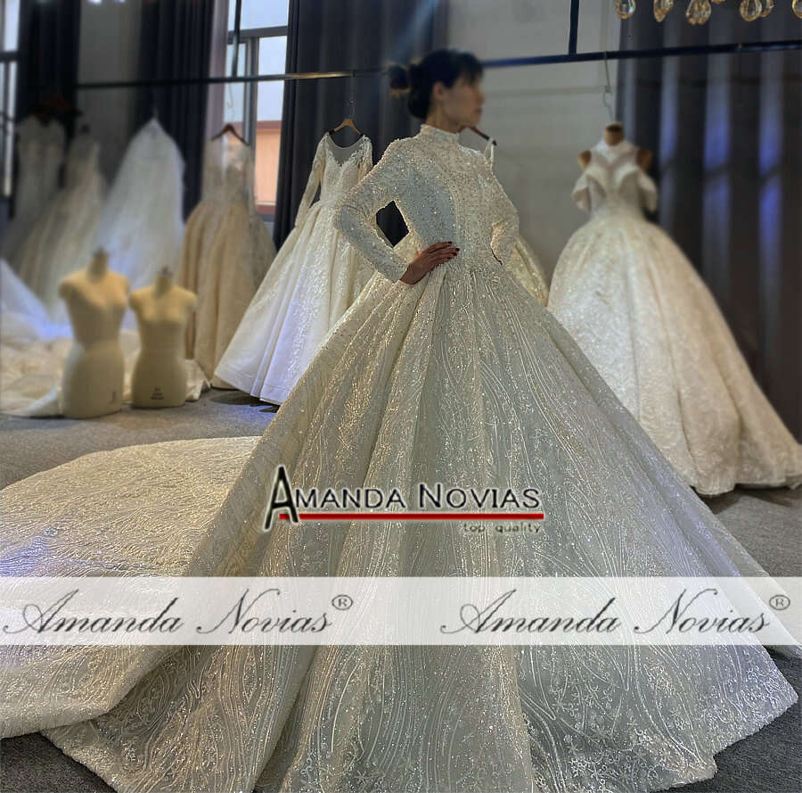 New Design Beaded Fabric Ball Gown Muslim Wedding Dress real work