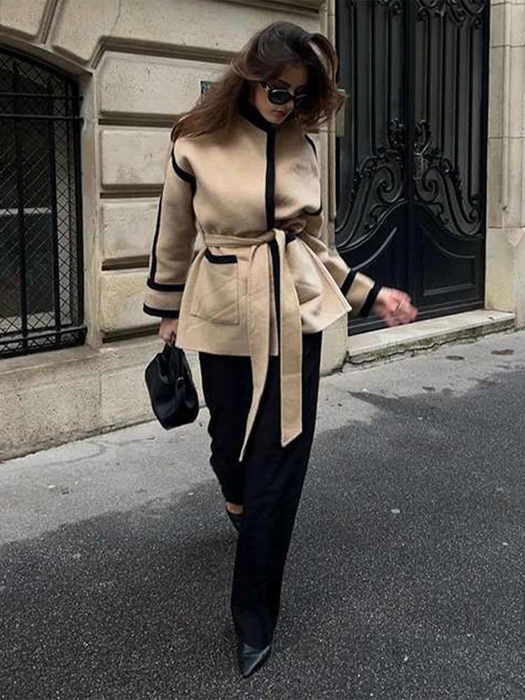 Spliced Contrast Woolen Coat Women Long Sleeve Thicken Jacket with Belt Pockets 2024 Autumn Casual Ladies Outwear 240930