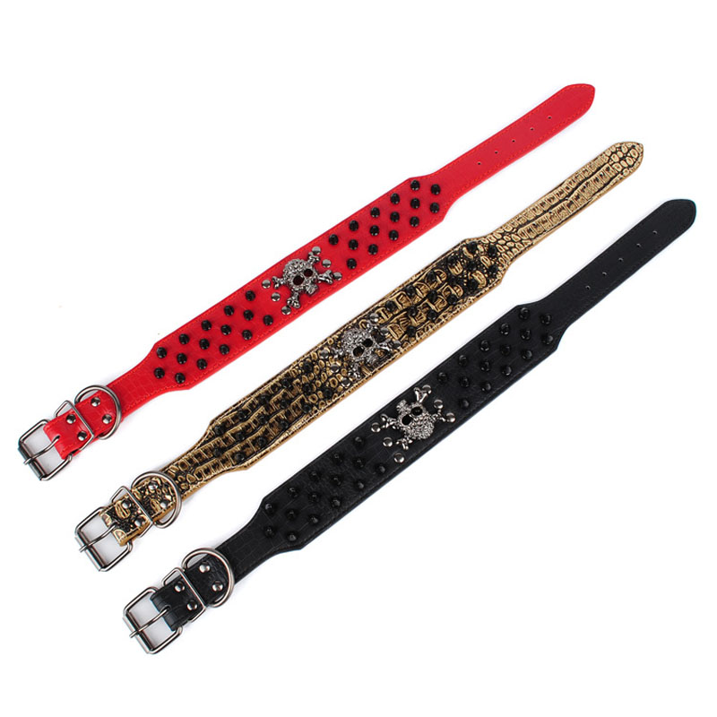 Dog Collar 3 Rows Bullet Rivets Studded PU Leather - Cool Skull Pet Accessories for Medium and Large Dogs