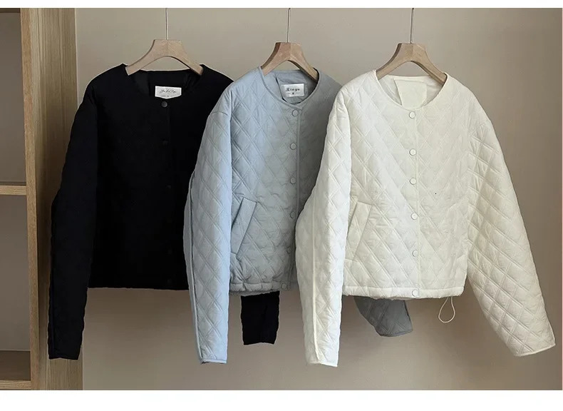 Autumn and winter womens light cotton coat short Korean style round neck diamond check jacket for women 240930