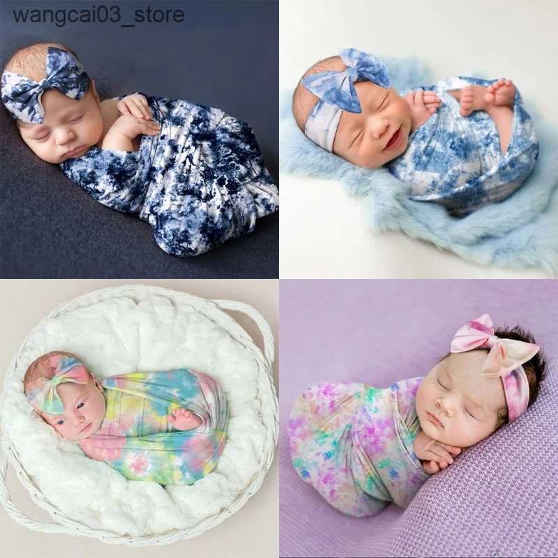 Blankets Swaddling Baby Receiving Blanket Headband Set Infant Floral Printing Swaddle Muslin Wrap Newborn Photography Prop Blankets For Newborn L24091