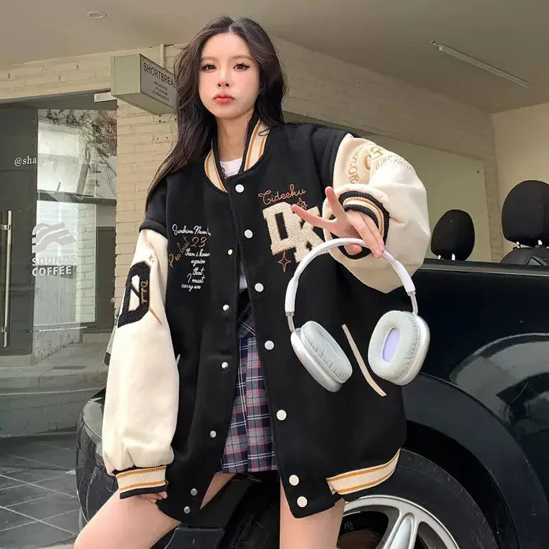 Korean Version Of Retro College Style Letter Embroidery Jacket And Coats Women Street Harajuku Casual Loose Baseball Uniform Top 241011