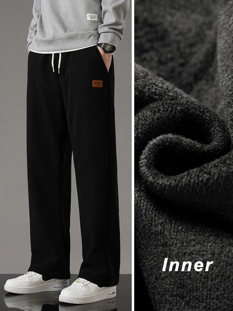 2023 Winter Corduroy Sweatpants Men Drawstring Fleece Lined Thick Warm Wide Leg Straight Casual Pants Male Loose Trousers 241009