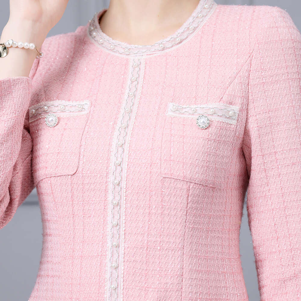 pink high-end socialite temperament handmade nail bead waist slimming coarse tweed dress 2024 autumn new item