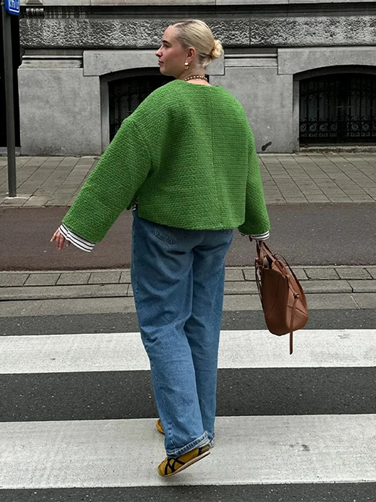 Bow Tweed Jacket Coat Green Lace Up Cardigan Womens Spring Autumn Short Overcoat Loose Casual Round Neck Top Slimming Outwear 241011