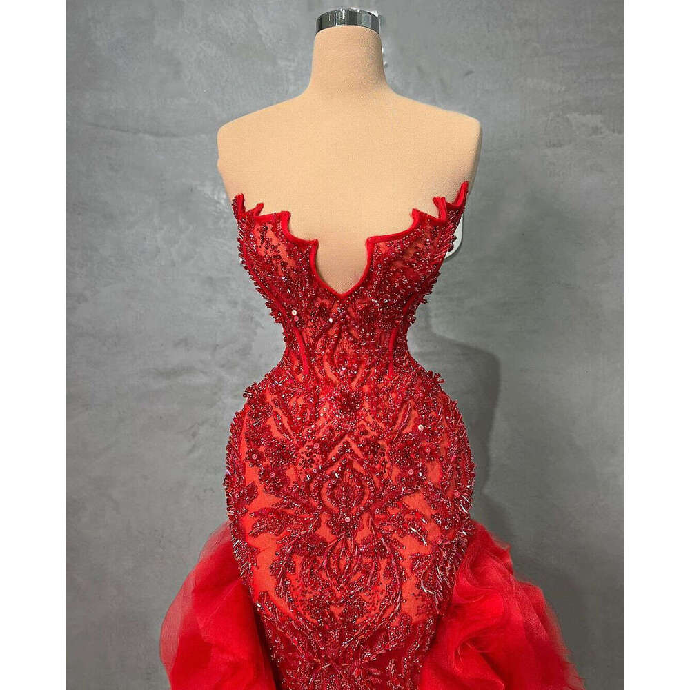 Red Mermaid Evening V Neck Sleeveless Sequins Beaded 3D Lace Train Folds Appliques Dias Pearls Prom Dresses Gowns