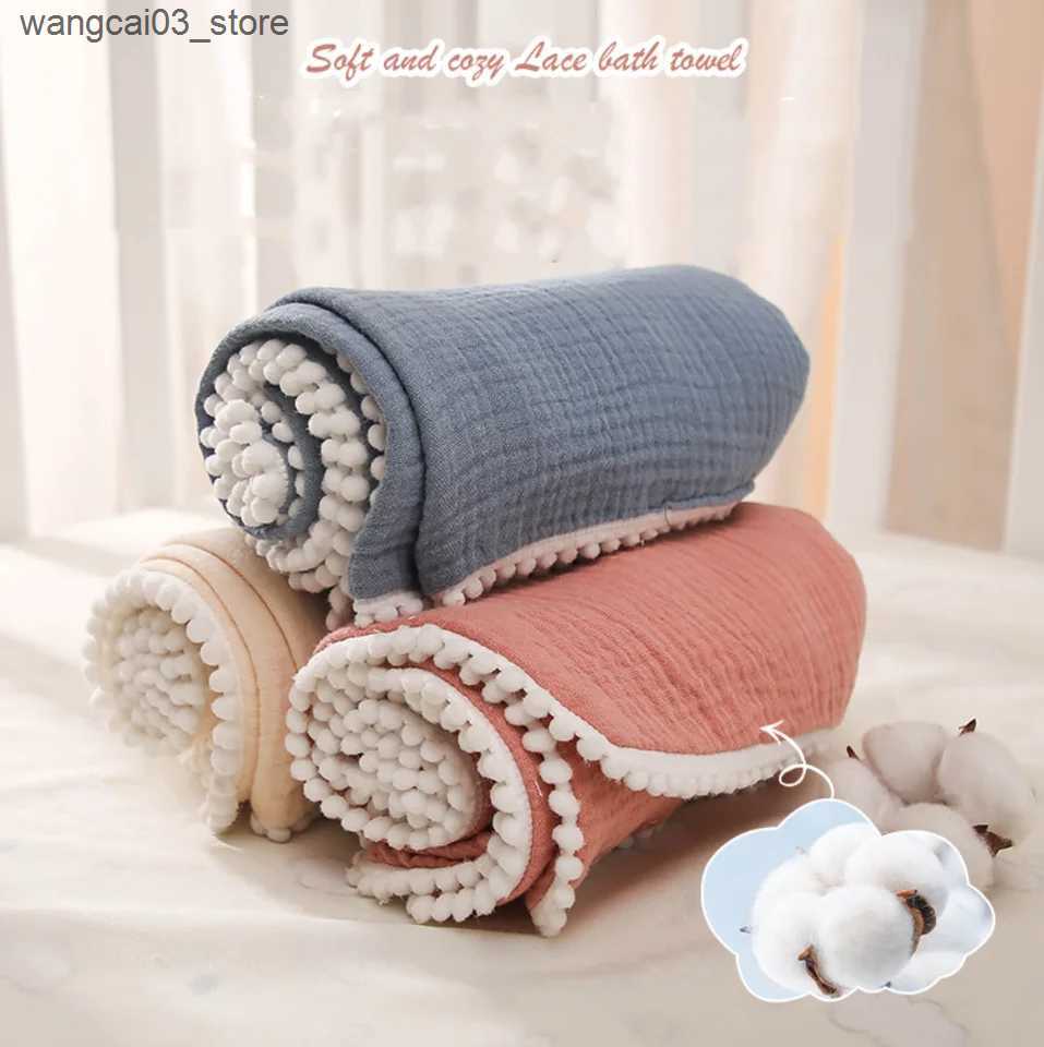 Blankets Swaddling Muslin Baby Blanket Newborn Pompom Swaddle Wrap Cotton Gauze Soft Baby Receiving Blanket For Stroller Toddler Infant Bath Towel L24