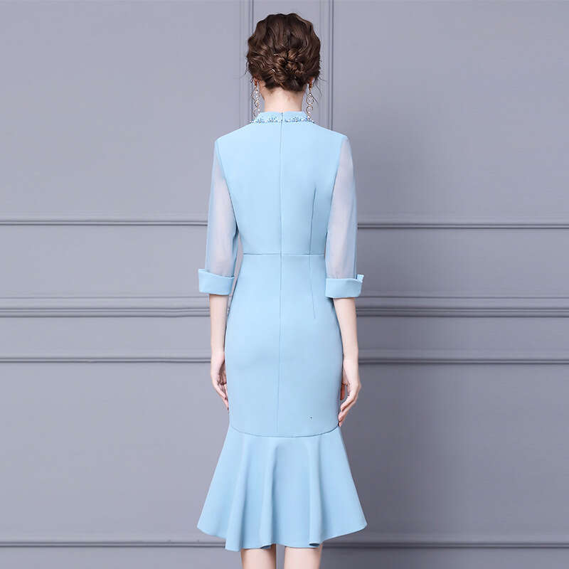 dress 2024 new autumn outfit nail bead seven quarter sleeve womens style waist cinching slimming fish tail skirt