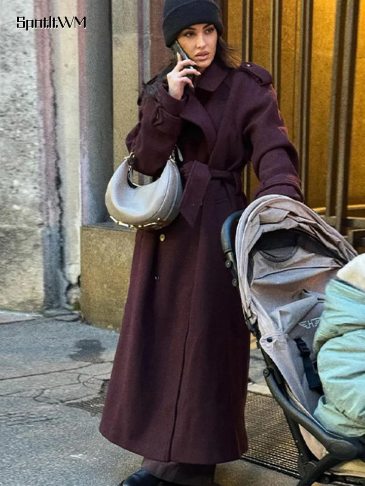 Elegant Grape Purple Wool Blends Long Coat With Belt Fashion Turn Down Collar Sleeve Overcoat Autumn Office Streetwear 240930