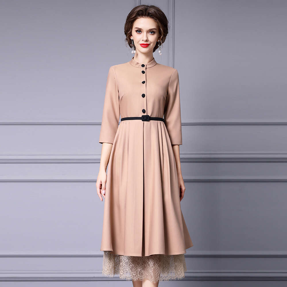 womens super beautiful dress slim fit and slimming stand up collar lace patchwork A-line skirt 2024 early autumn new item