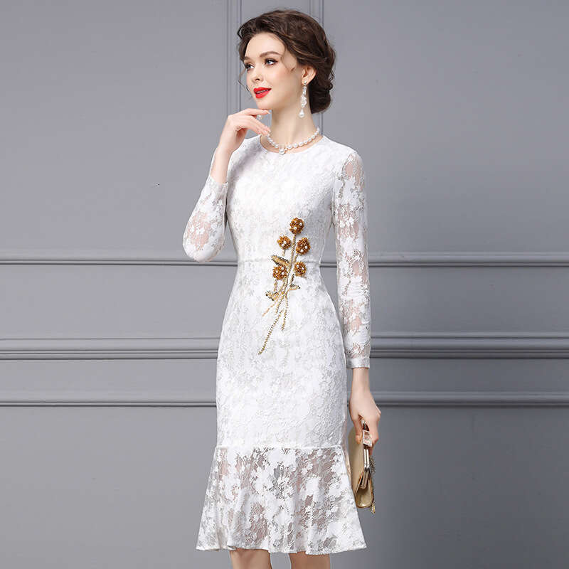 white dress 2024 new womens autumn style high-end lace nail drill slim fit mid length fish tail skirt