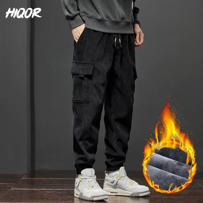 HIQOR Y2K Retro Pocket Pants Winter Thick Warm Mens Wool Cargo Ankle Length Jogger Harem Pants Extra Large Pants 241007