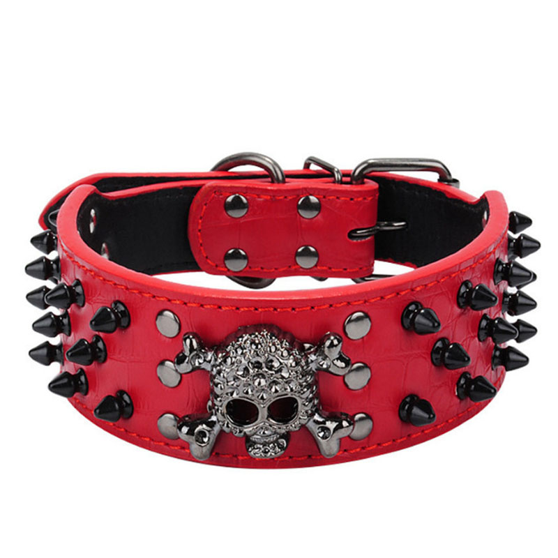 Dog Collar 3 Rows Bullet Rivets Studded PU Leather - Cool Skull Pet Accessories for Medium and Large Dogs