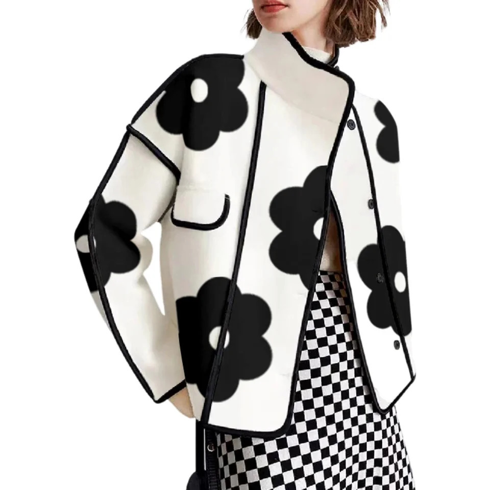 Long sleeved loose contrasting printed split collar jacket outerwear 241007