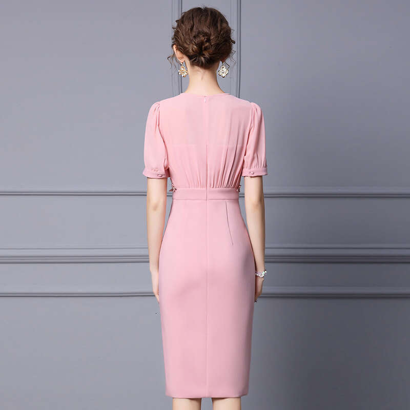 Bubble 2024 New Womens Summer Pink Gentle Style Short Sleeve Nail Drill Over Knee Wrap Hip Dress