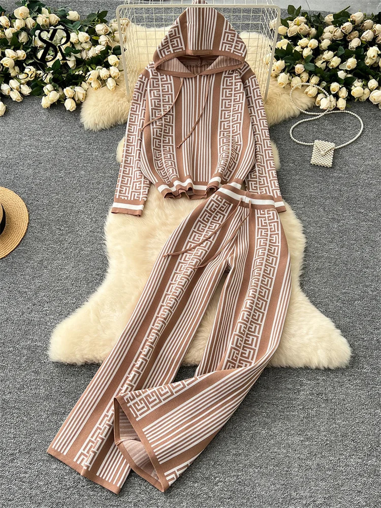 SINGREENY Winter Fashion Knitted Two Piece Womens Hoodie Thick Warm ZipperWide Leg Pants Geometric Printed Sweater Set 241010