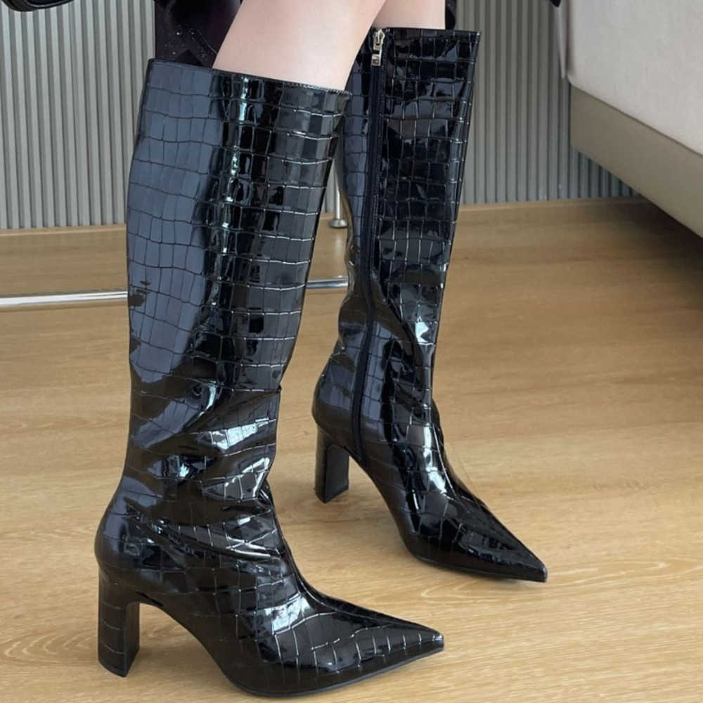 Crocodile Patterned Fashion Boots High-heeled Boots Cross Knee Knight Boots Pointed Toes High-heeled Heels Slim Martin Boots 240826