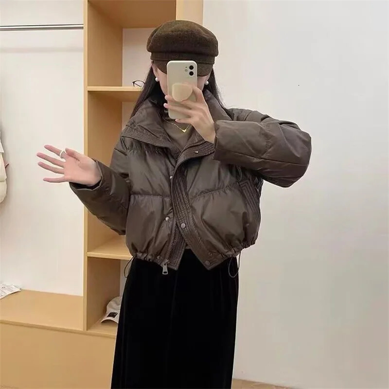 2024 Disposable PU Leather Down CottonPadded Jacket Women Short Winter Parkas Thick Bread Coat Small Warm Cotton Padded 240930