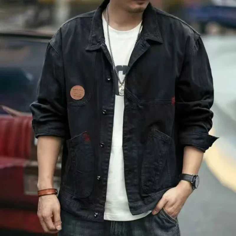 Mens denim jacket aesthetic brown denim jacket retro mens wide shoulder affordable price high-quality winter jacket W241011