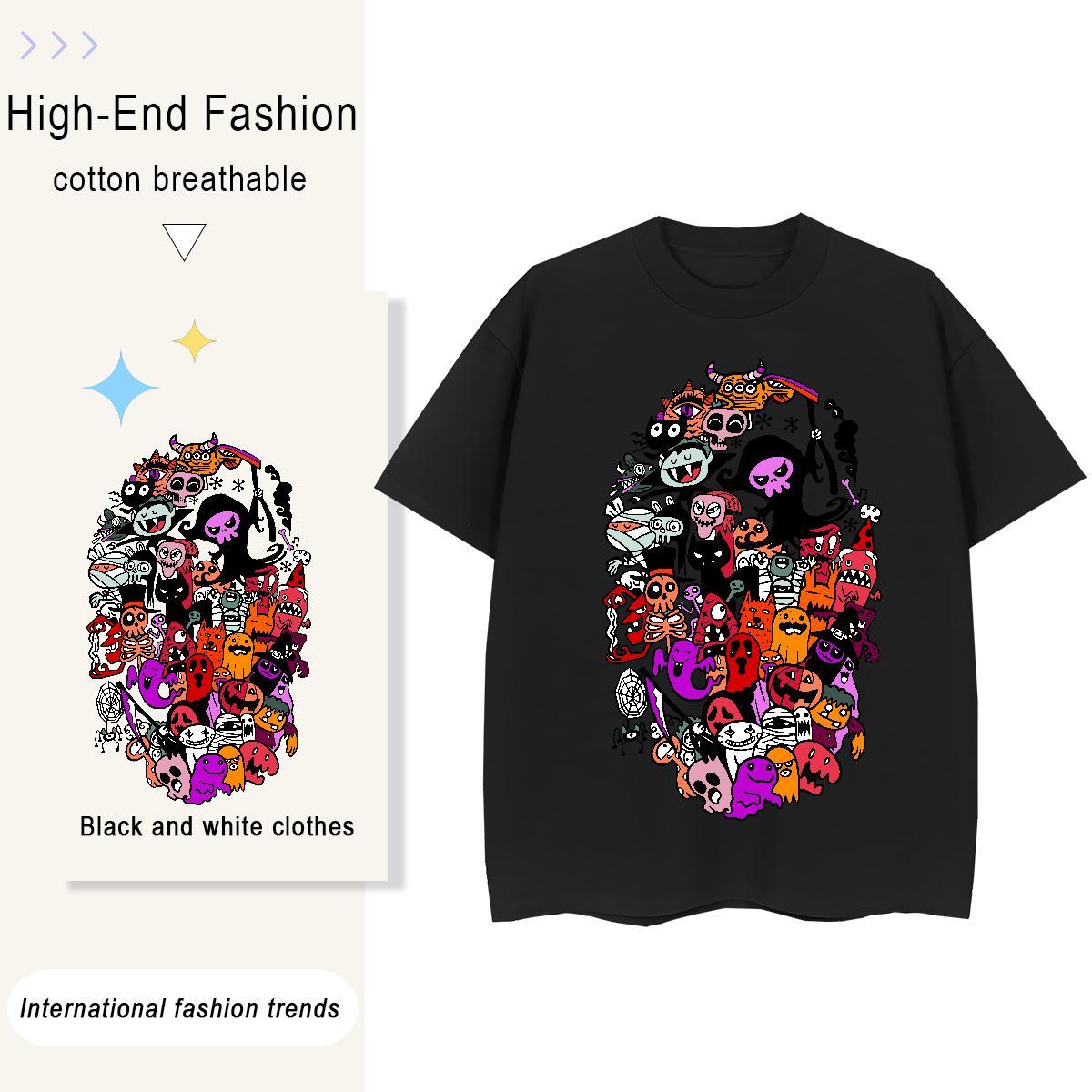 Fashion Casual T-Shirts 230g Pure Cotton Short Sleeve O-Neck Street Casual skull Tshirt for Man Woman Loose Cartoon Print Tops Tees