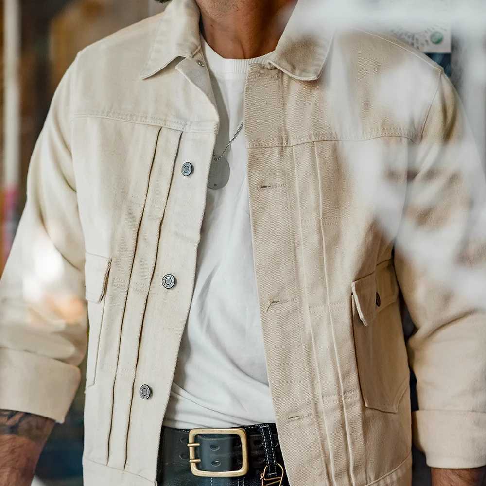 Maden retro white denim jacket mens cotton denim jacket ultra-thin fit jacket fashionable streetwear high-quality retro mens clothing W241011