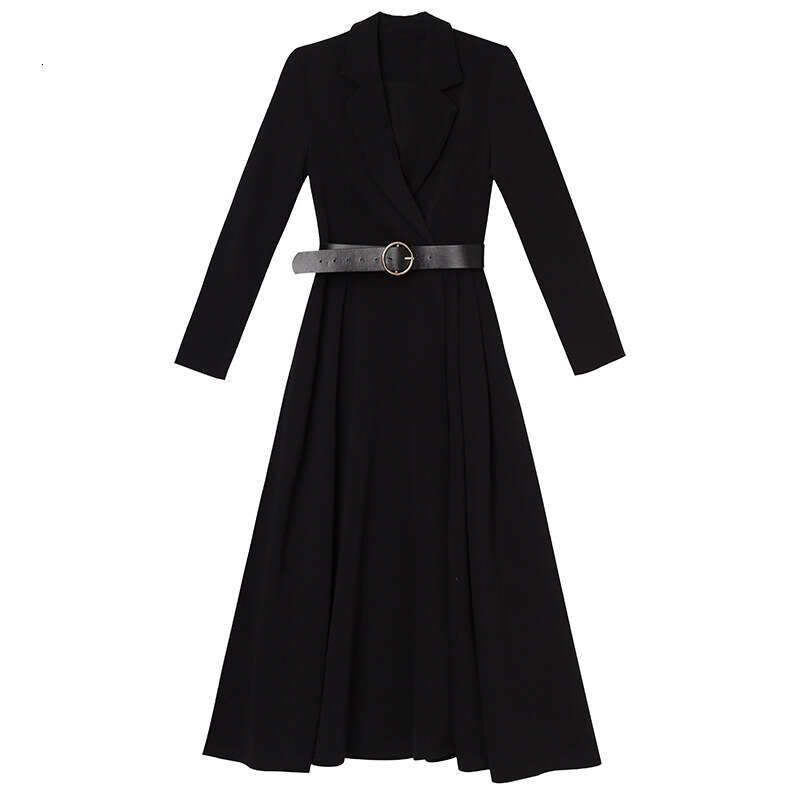 black dress for spring and autumn women 2024 new style suit collar mid length long sleeved waist cinching slimming A-line skirt