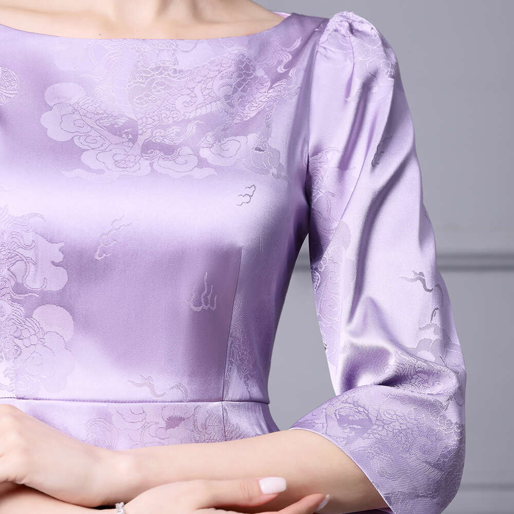 purple womens fishtail skirt with high-end feel seven quarter sleeve jacquard wrapped hip dress for spring and summer 2024 new product