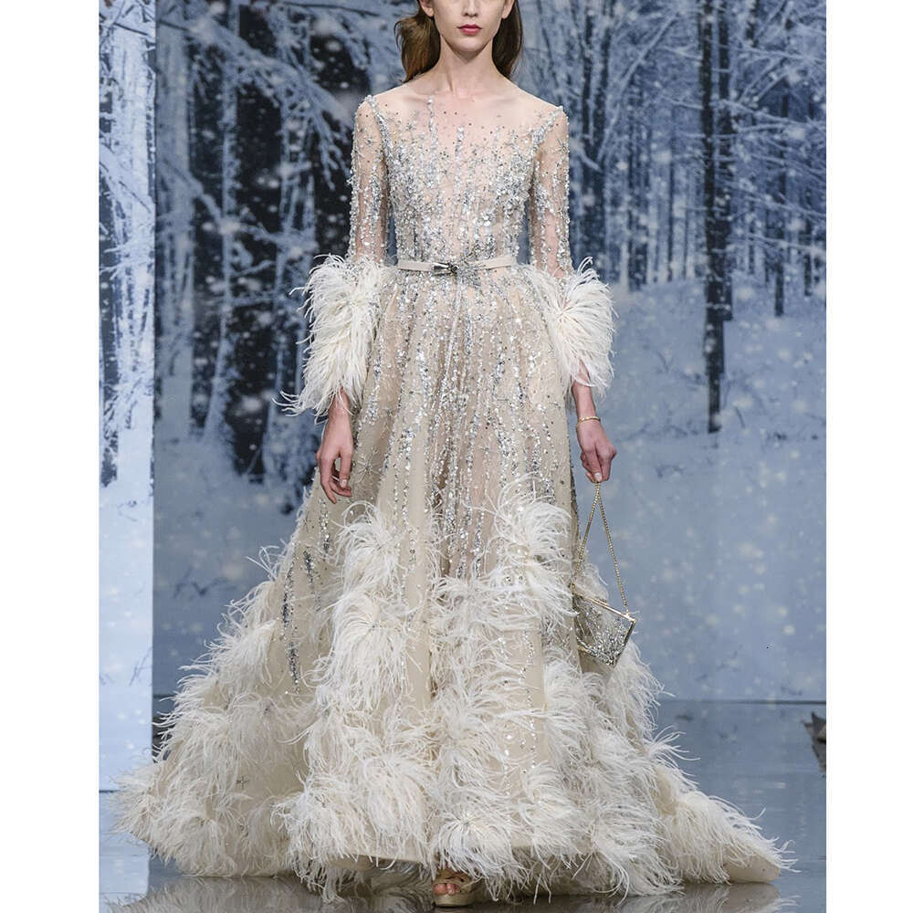 Fashion Sequined Tassel Evening Party Elegant O-Neck Long Sleeves Beading A-e Gowns Sweep Train Prom Dress