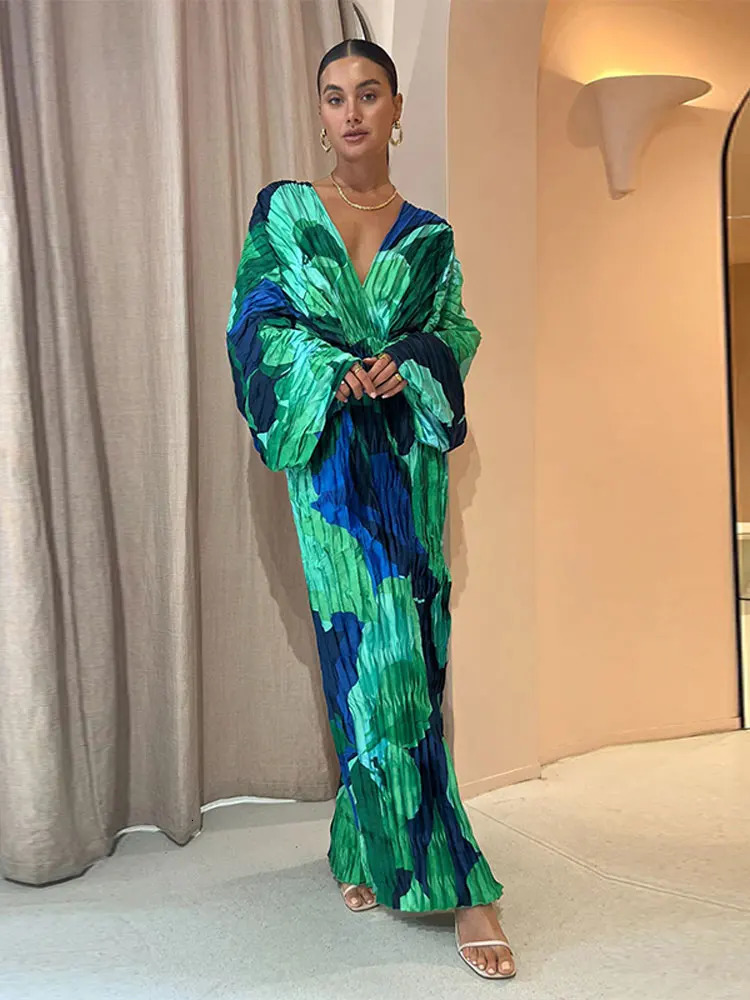 Maxi Dresses Summer Autumn Chic Vacation Holiday Vestidos Elegant V-neck Print Long Sleeve Dress For Women Patchwork Split 241010