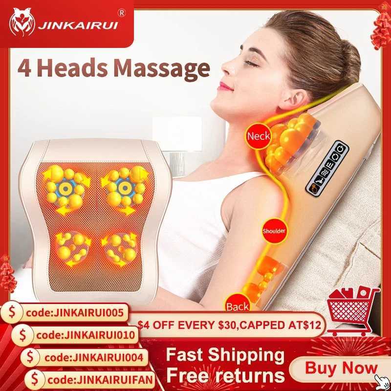 Jinkairui 4-head electric neck back and waist care massage pillow with vibration finger pressure and infrared heating for both car and household use W