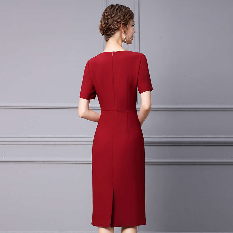 wine red luxurious banquet feel handmade flower carving nail drill slim fit hip hugging dress 2024 new summer collection