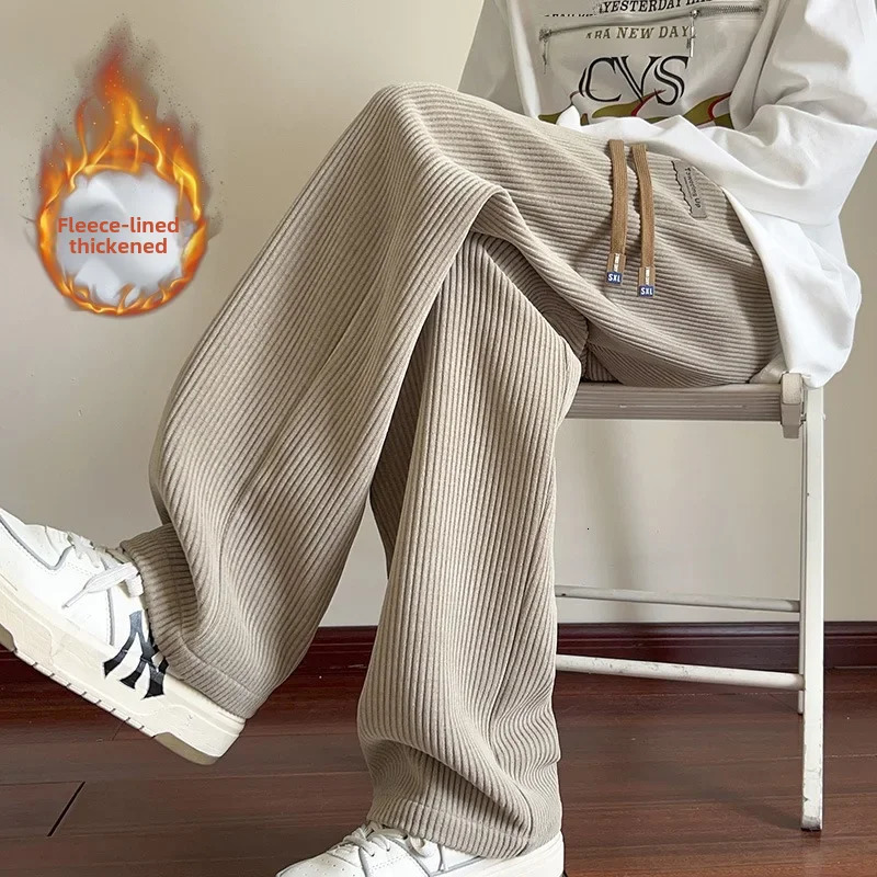 Mens khaki Corduroy pants wool lining thickened oversized straight leg wide leg winter American style 241011